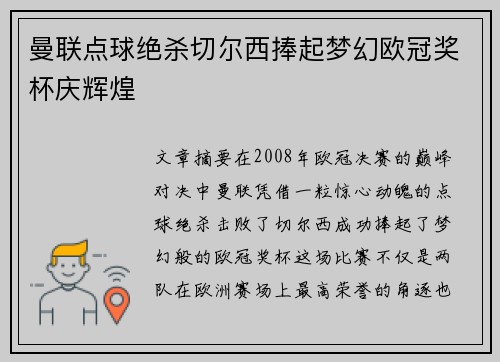 曼联点球绝杀切尔西捧起梦幻欧冠奖杯庆辉煌