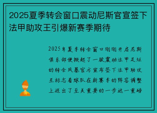 2025夏季转会窗口震动尼斯官宣签下法甲助攻王引爆新赛季期待